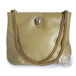 Vintage Ruth Saltz Shoulder Bag Retro 80s Beige Leather Cougar Head Chain Straps